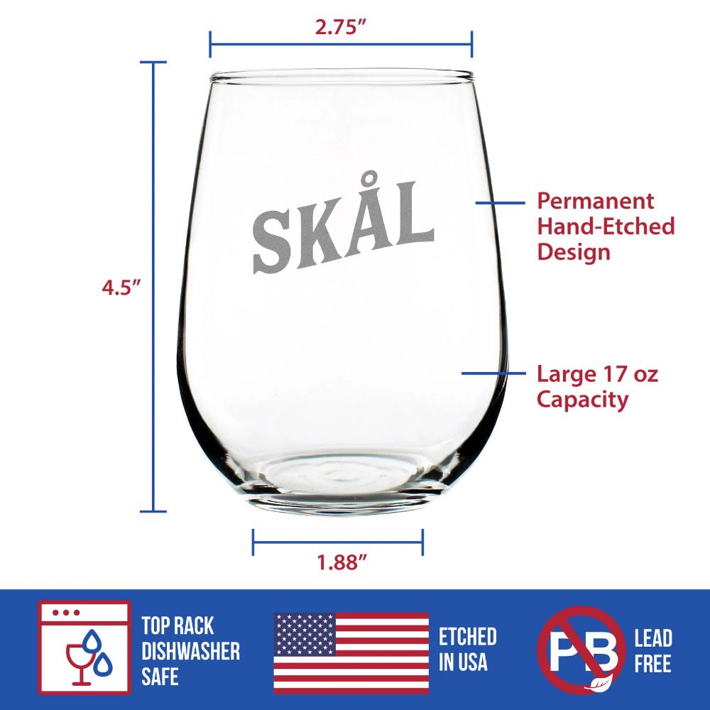 Skal - Norwegian Cheers - Stemless Wine Glass - Cute Sweden and Norway Themed Gifts and Decor for Women - Large