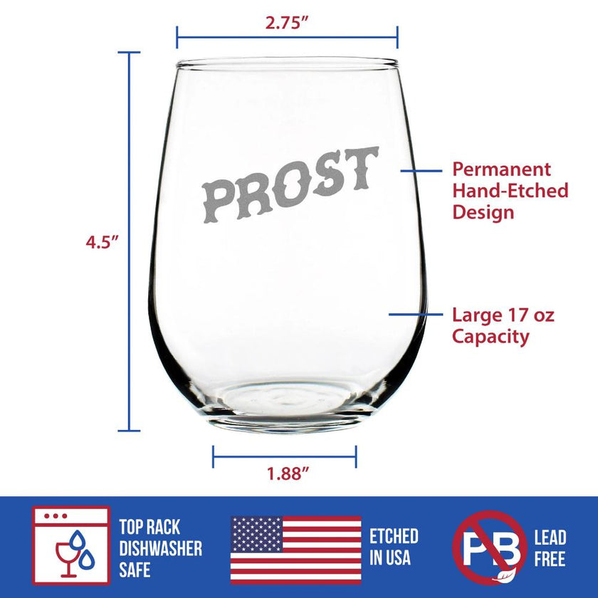 Prost - German Cheers - Stemless Wine Glass - Cute Germany Themed Gifts or Party Decor for Women and Men - Large