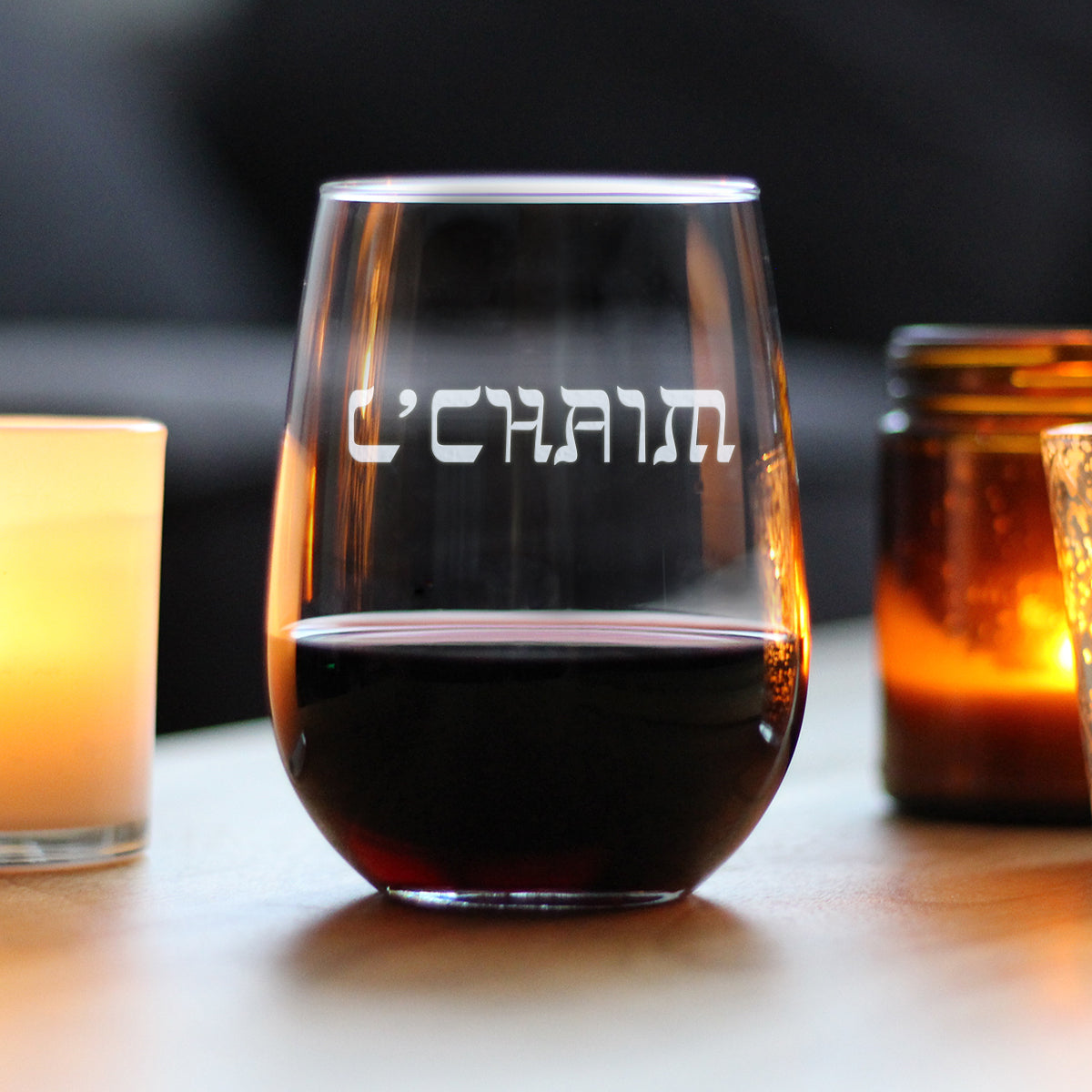 L&#39;Chaim - Hebrew Cheers Stemless Wine Glass - Fun Jewish Gifts or Party Decor for Women &amp; Men - Large 17 Oz Glasses