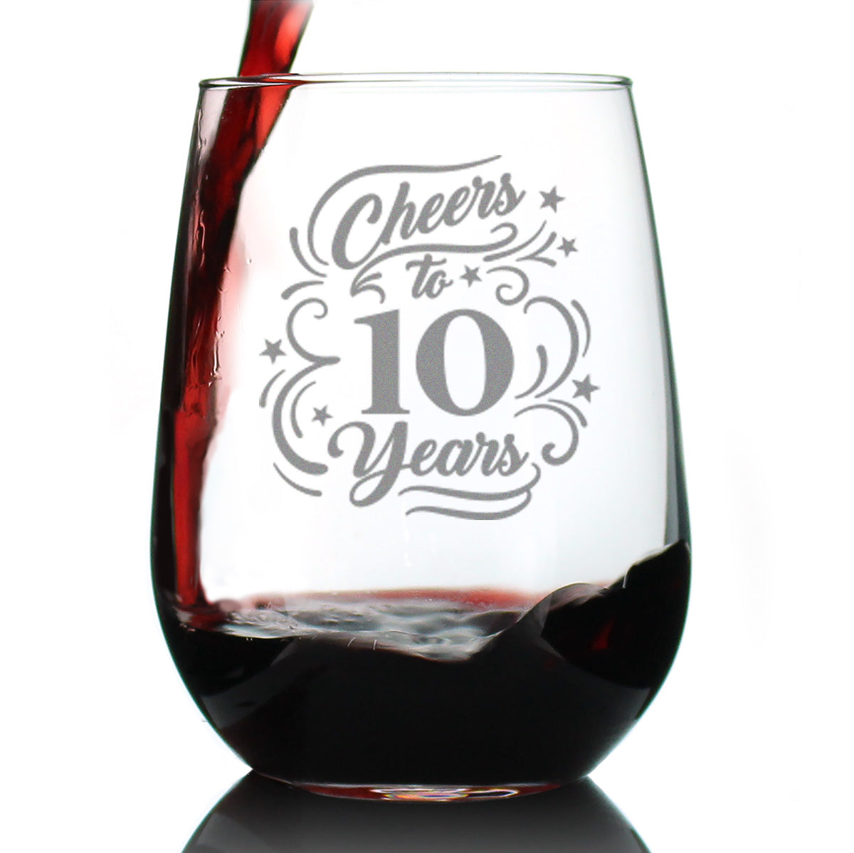 Cheers to 10 Years - Stemless Wine Glass Gifts for Women & Men - 10th Anniversary Party Decor - Large 17 Oz Glass