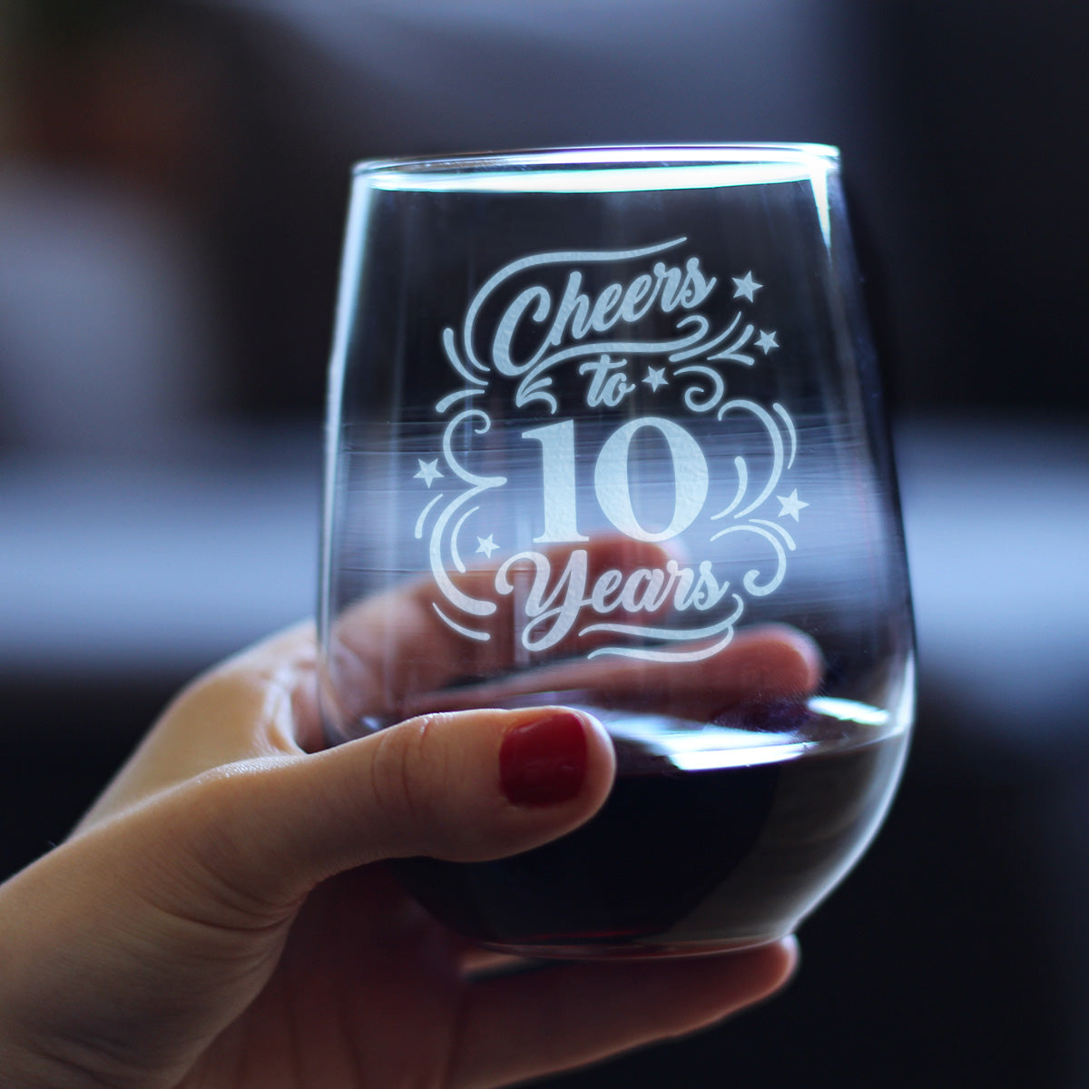 Cheers to 10 Years - Stemless Wine Glass Gifts for Women &amp; Men - 10th Anniversary Party Decor - Large 17 Oz Glass