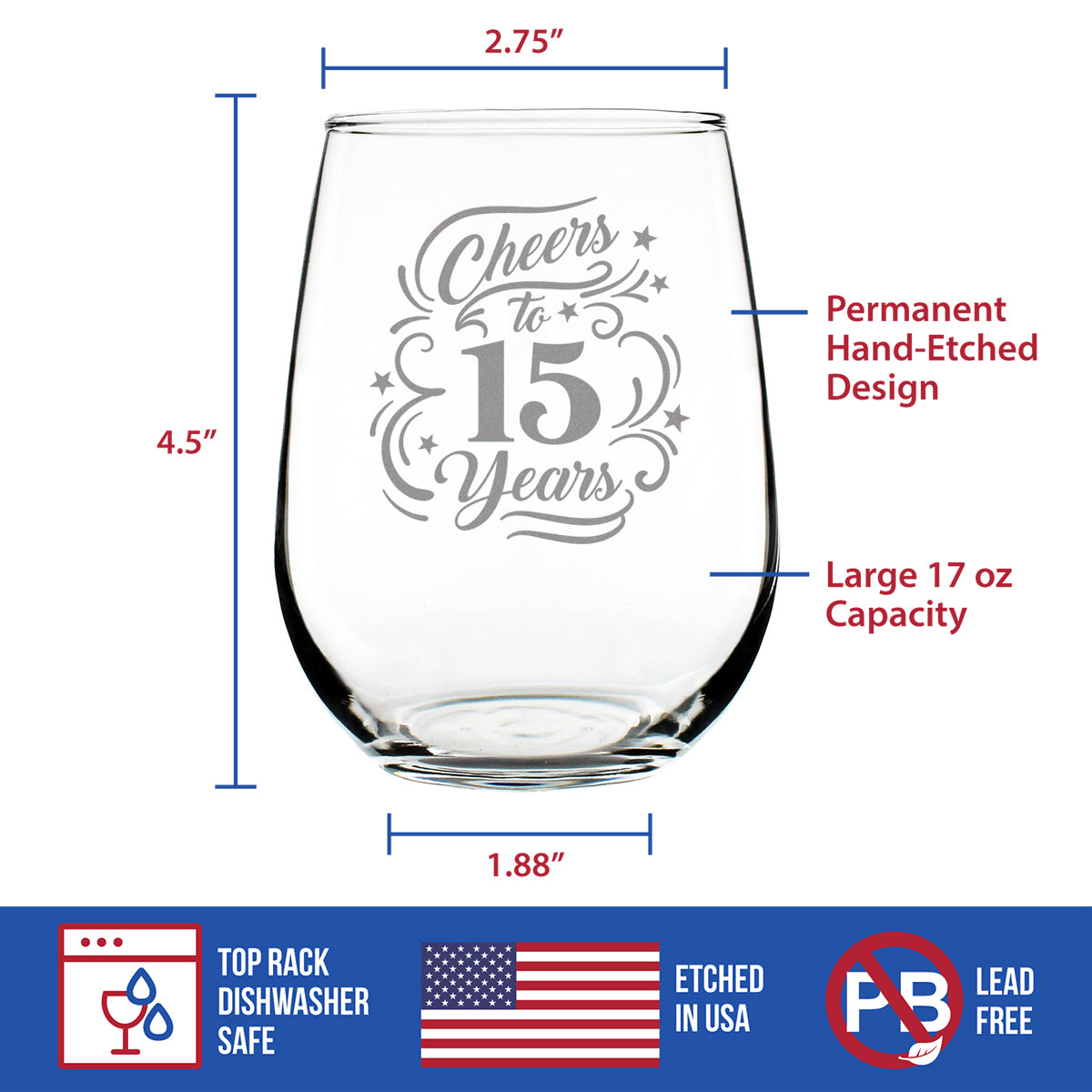 Cheers to 15 Years - Stemless Wine Glass Gifts for Women &amp; Men - 15th Anniversary Party Decor - Large 17 Oz Glasses