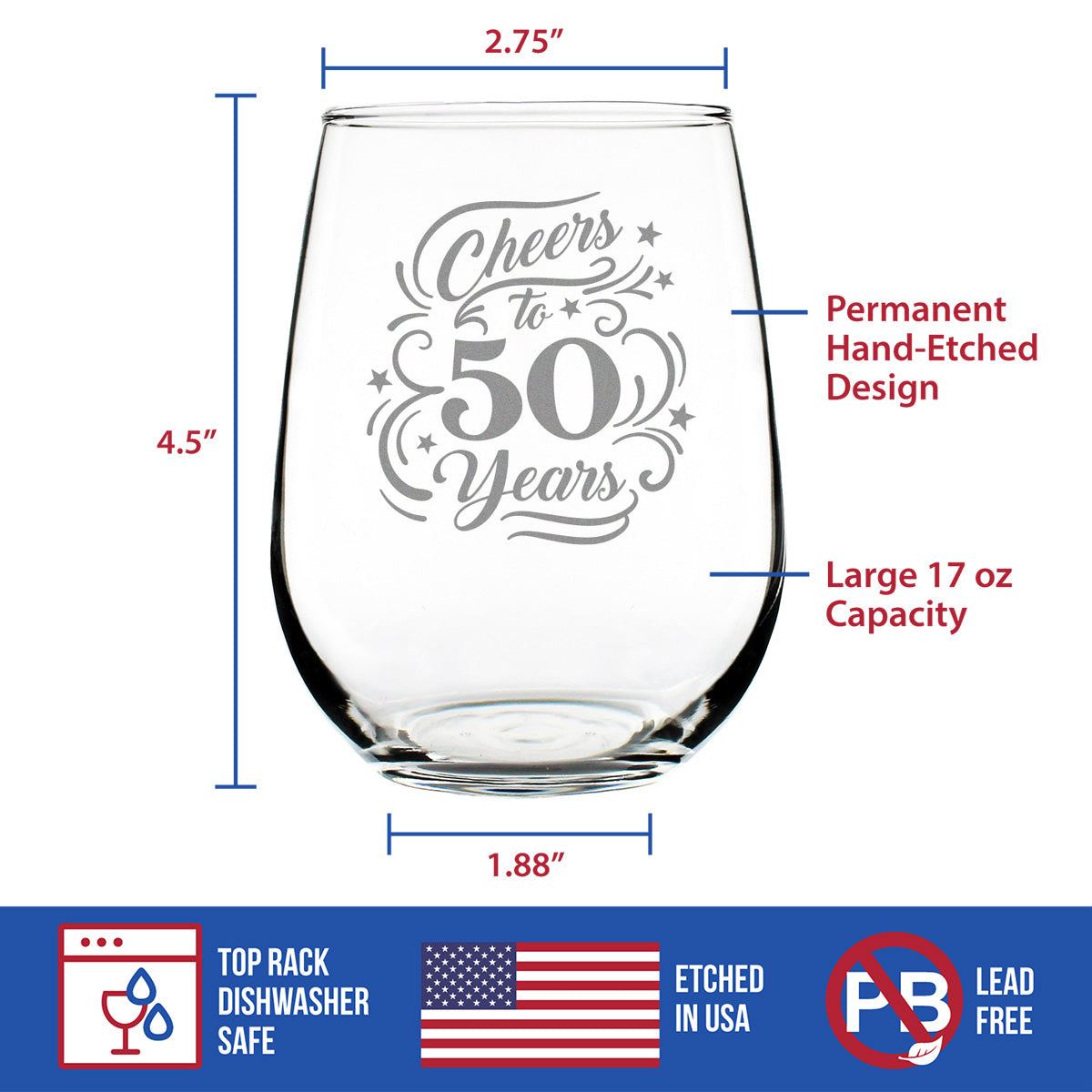 Cheers to 50 Years - Stemless Wine Glass Gifts for Women &amp; Men - 50th Anniversary or Birthday Party Decor - Large Glasses
