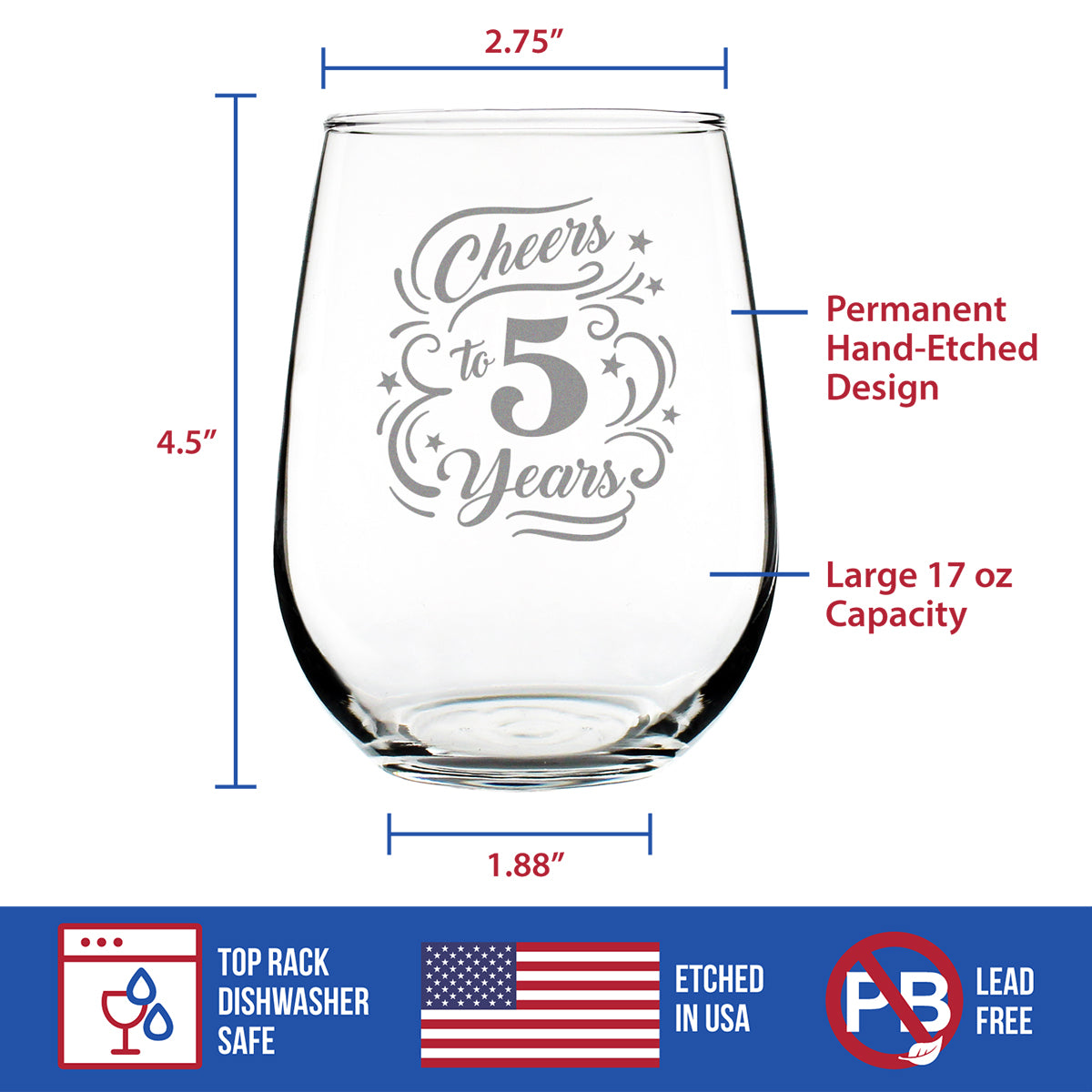 Cheers to 5 Years - Stemless Wine Glass Gifts for Women &amp; Men - 5th Anniversary Party Decor - Large 17 Oz Glasses