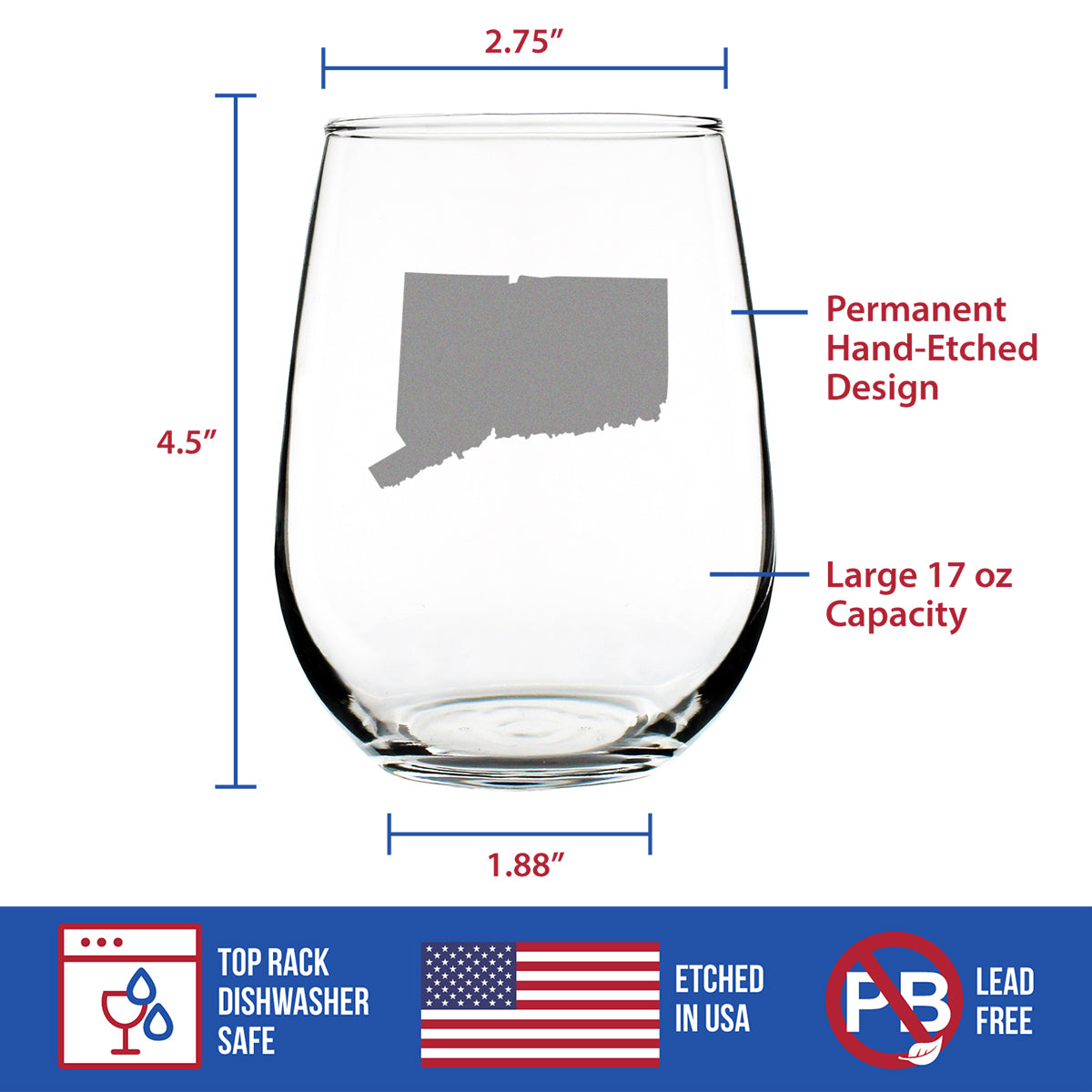 Connecticut State Outline Stemless Wine Glass - State Themed Drinking Decor and Gifts for Connecticuters and Nutmegger Women &amp; Men - Large 17 Oz Glasses