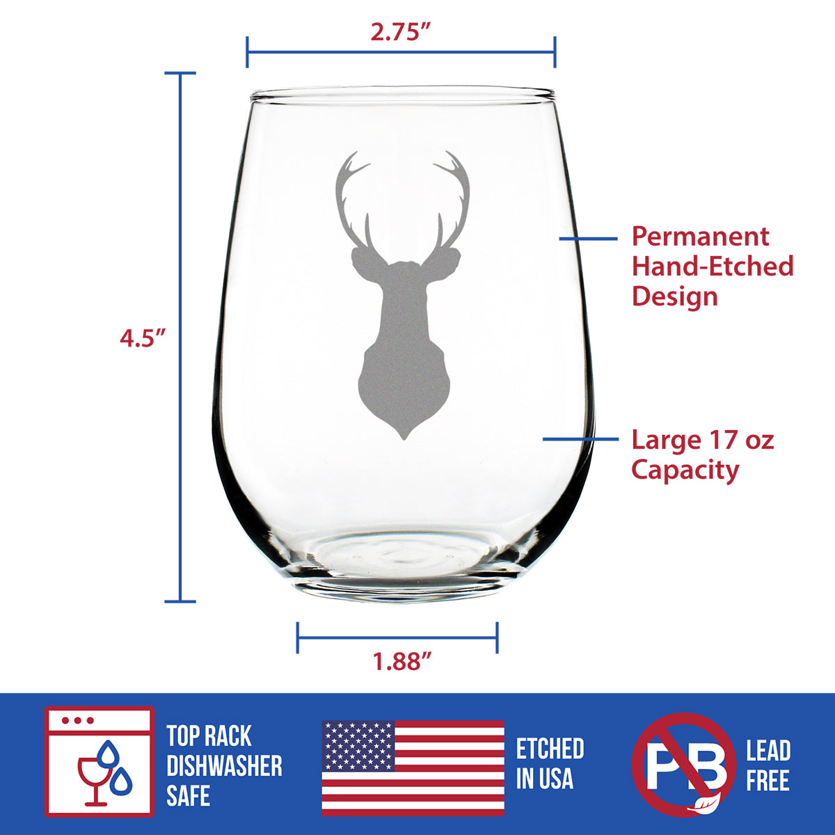 Deer Head - 17 Ounce Stemless Wine Glass