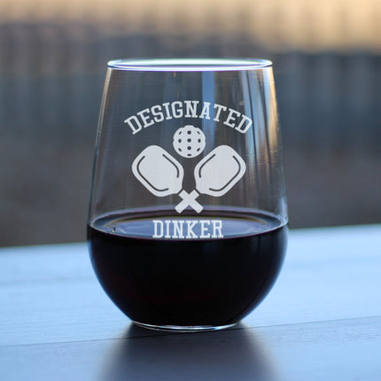 Designated Dinker - Stemless Wine Glass - Funny Pickleball Themed Decor and Gifts - Large 17 Oz Glasses