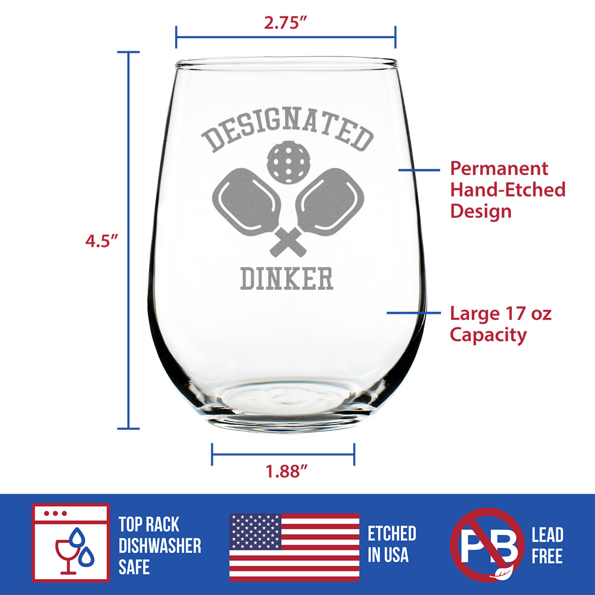 Designated Dinker - Stemless Wine Glass - Funny Pickleball Themed Decor and Gifts - Large 17 Oz Glasses
