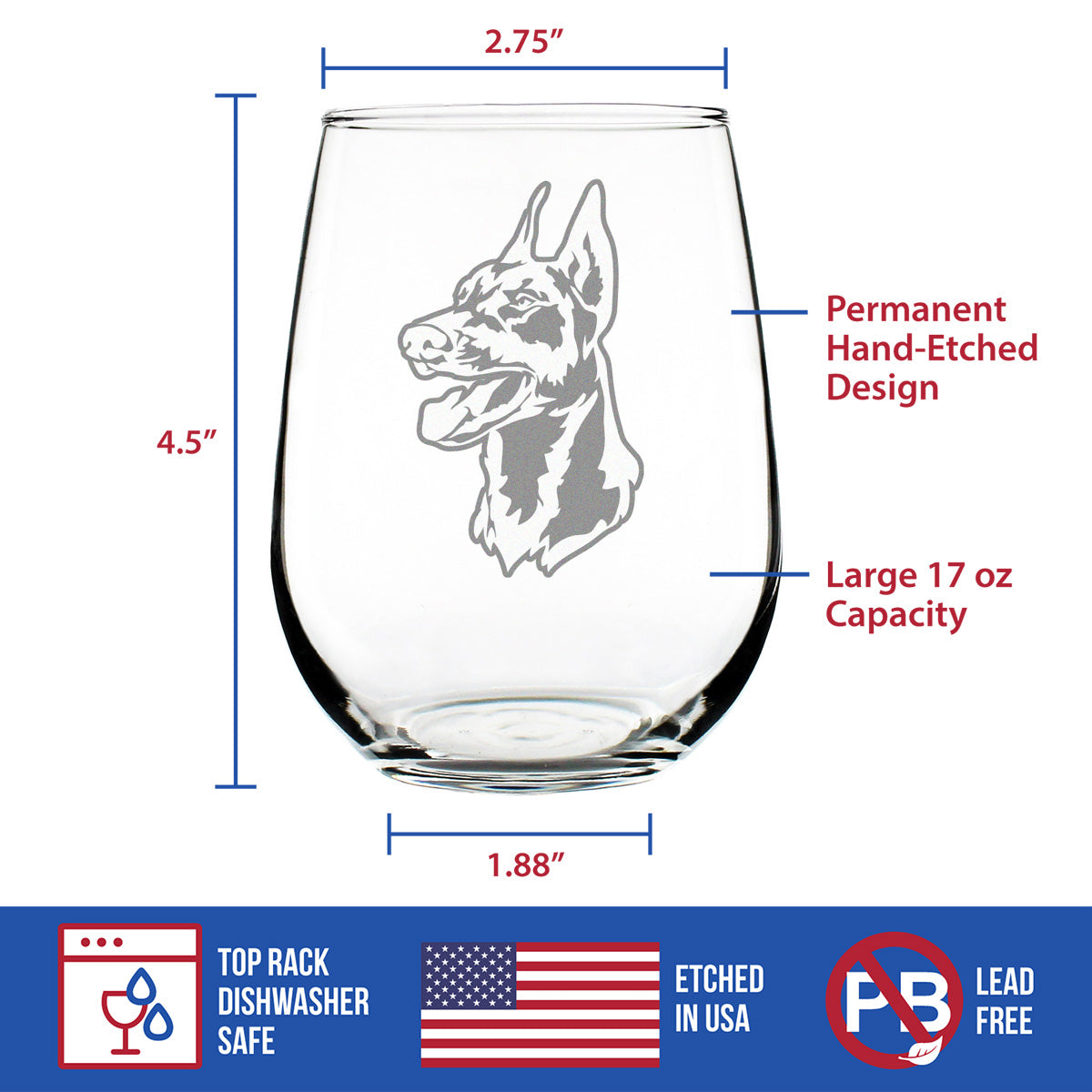 Doberman Face Stemless Wine Glass - Cute Dog Themed Decor and Gifts for Moms &amp; Dads of Pinscher Dobermans - Large 17 Oz