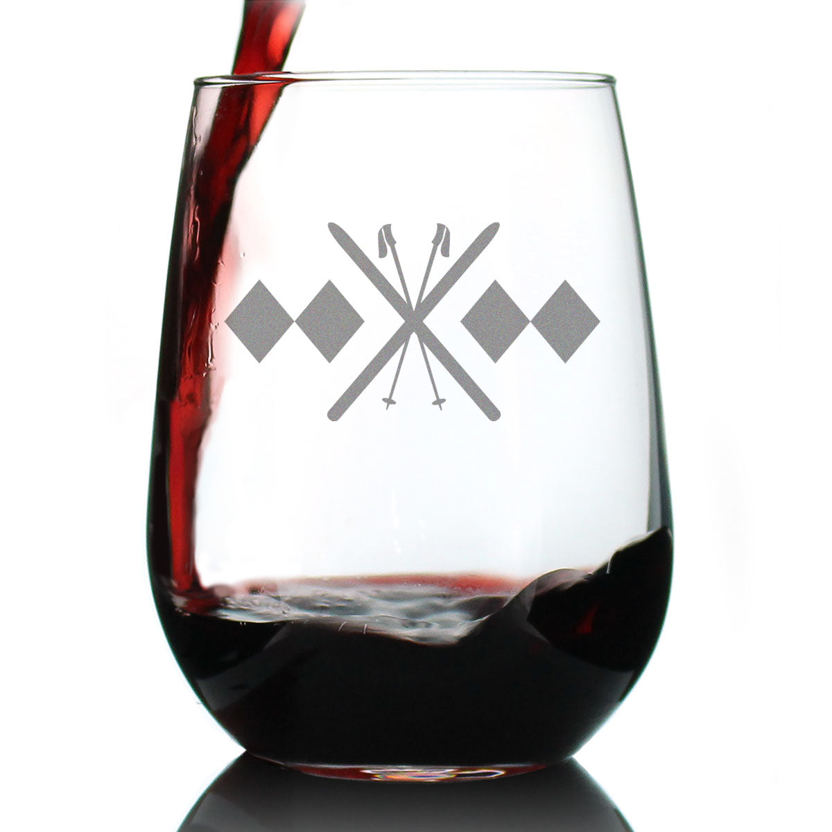 Double Black Diamond - Stemless Wine Glass - Unique Skiing Themed Decor and Gifts for Mountain Lovers - Large 17 Oz Glasses