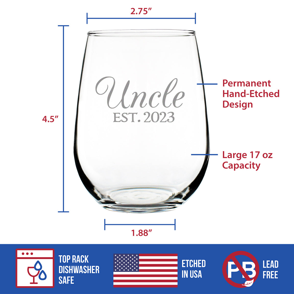 Uncle Est. 2023 - Decorative - 17 Ounce Stemless Wine Glass