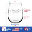Grandpa Est 2021 - New Grandfather Stemless Wine Glass Gift for First Time Grandparents - Decorative 17 Oz Large Glasses