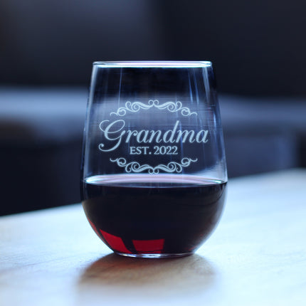 Grandma Est 2022 - New Grandmother Stemless Wine Glass Gift for First Time Grandparents - Decorative 17 Oz Large Glasses