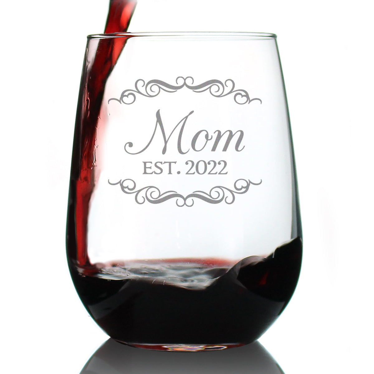 Mom Est 2022 - New Mother Stemless Wine Glass Gift for First Time Parents - Decorative 17 Oz Large Glasses