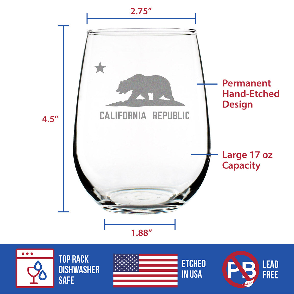 California Flag Stemless Wine Glass - State Themed Drinking Decor and Gifts for Californian Women &amp; Men - Large 17 Oz Glasses