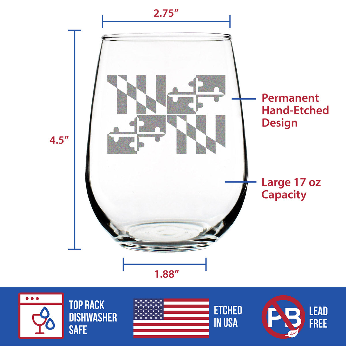 Maryland Flag Stemless Wine Glass - State Themed Drinking Decor and Gifts for Marylander Women &amp; Men - Large 17 Oz