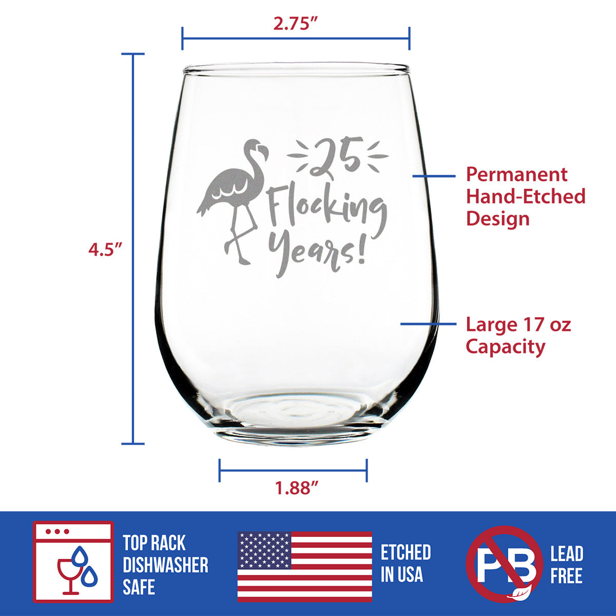 25 Flocking Years Cute Funny Flamingo Stemless Wine Glass, Large 17 Oz Size, Etched Sayings, 25th Birthday Gift, 25th Anniversary Gift