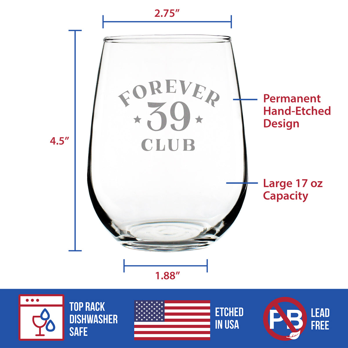 Forever 39 Club - Stemless Wine Glass 40th Birthday Gifts for Women &amp; Men Turning 40 - Bday Party Decor - Large 17 Oz Glasses