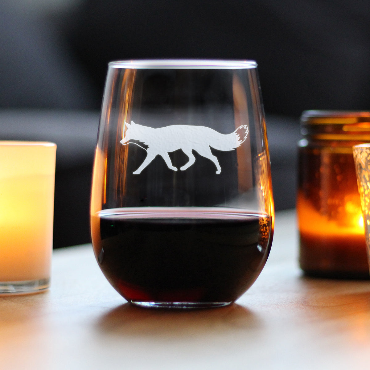 Fox Silhouette Stemless Wine Glass - Cabin Themed Fox Gifts or Rustic Fox Decor for Women and Men - Large 17 Oz Glasses