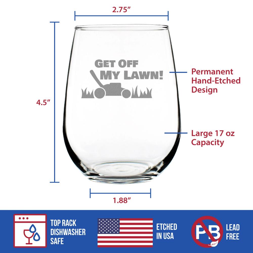 Get Off My Lawn Stemless Wine Glass - Funny Birthday Gifts Women and Men Over the Hill - Bday Party Decor - Large