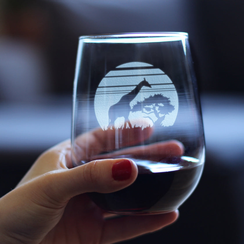 Giraffe Sunset Stemless Wine Glass - Fun Safari Themed Decor and Gifts for Lovers of African Wild Animals - Large 17 Oz Glasses