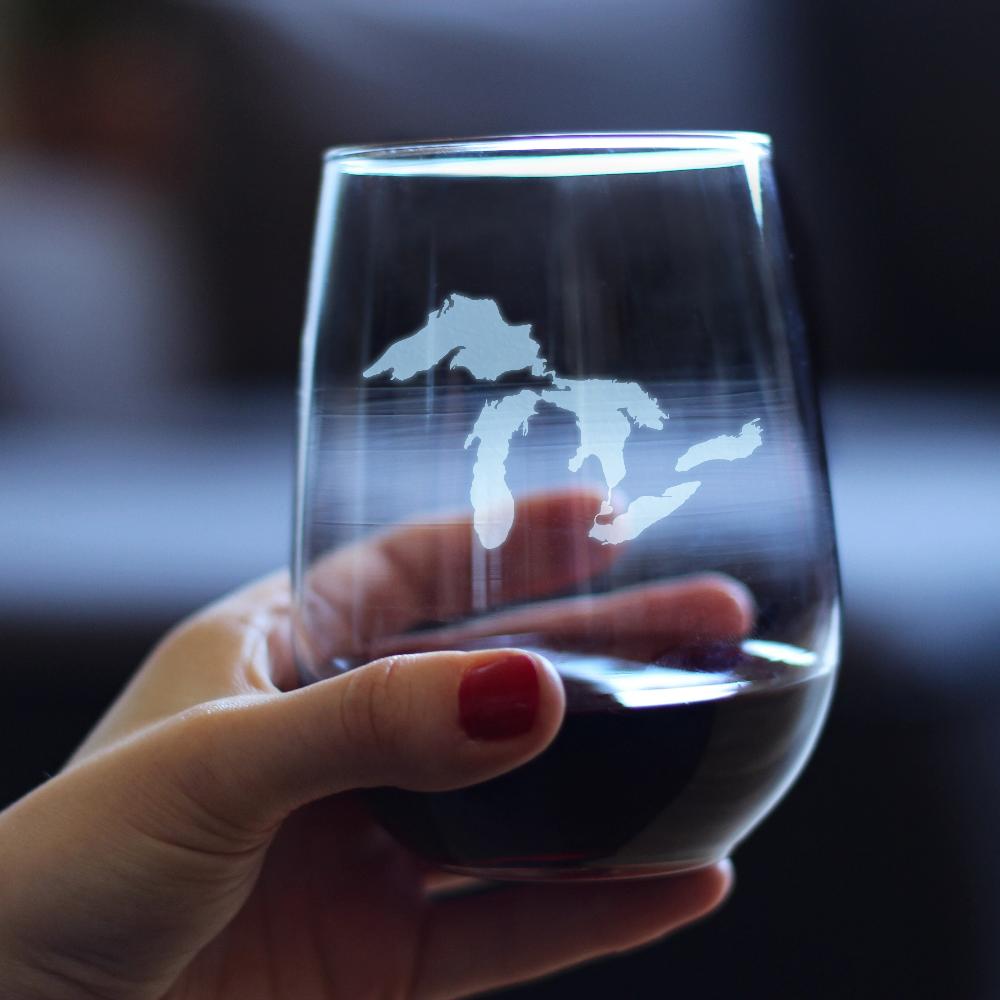 Great Lakes Map Stemless Wine Glass - Large Glasses - Unique Engraved Glassware Art Gifts for Midwestern Women &amp; Men