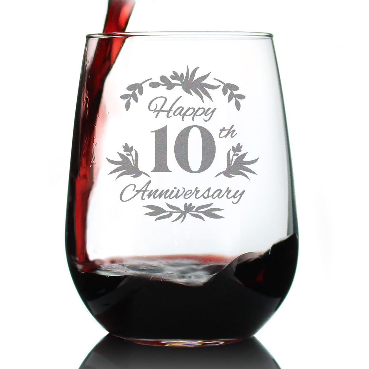Happy 10th Anniversary - Stemless Wine Glass Gifts for Women & Men - 10 Year Anniversary Party Decor - Large Glasses