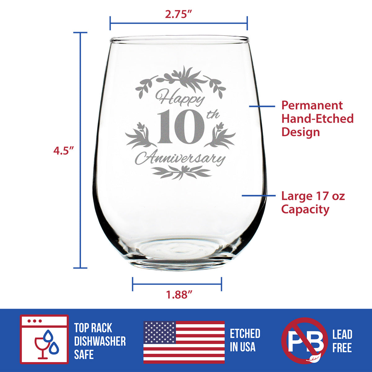 Happy 10th Anniversary - Stemless Wine Glass Gifts for Women &amp; Men - 10 Year Anniversary Party Decor - Large Glasses