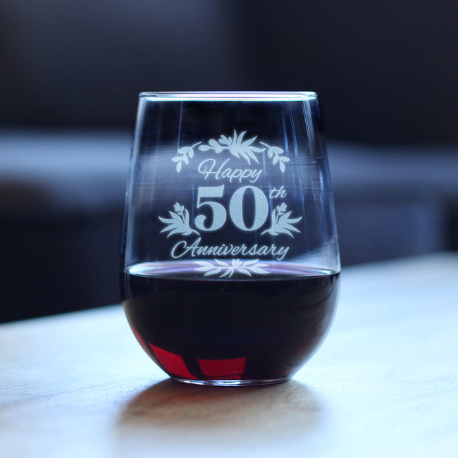 Happy 50th Anniversary - Stemless Wine Glass Gifts for Women & Men - 50 Year Anniversary Party Decor - Large Glasses