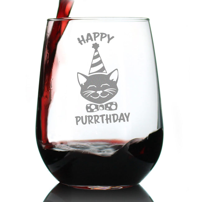 Happy Purrthday - Funny Cat Stemless Wine Glass for Birthday - Cute Cat Themed Bday Party Gifts and Decor - Large 17 Oz