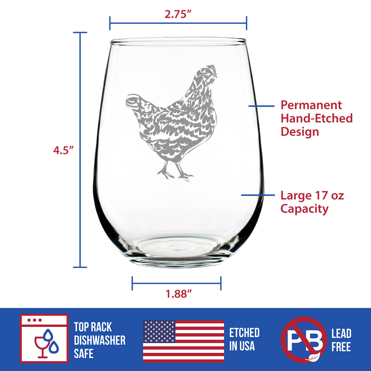 Hen - Cute Stemless Wine Glass - Farmhouse Decor Gifts for Lovers of Hens and Wine - 17 Oz Large Glasses