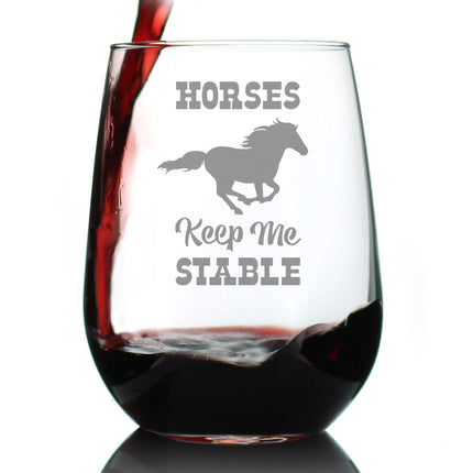 Horses Keep Me Stable – Cute Funny Stemless Wine Glass, Large 17 Ounces, Etched Sayings, Gift Box