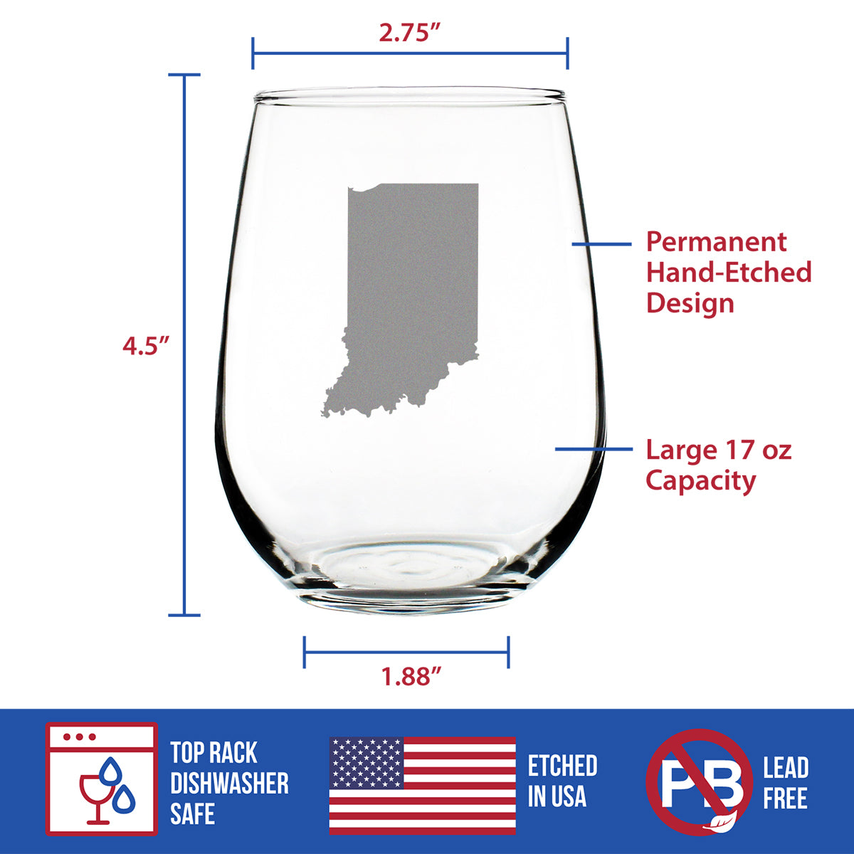 Indiana State Outline Stemless Wine Glass - State Themed Drinking Decor and Gifts for Hoosier Women &amp; Men - Large 17 Oz Glasses