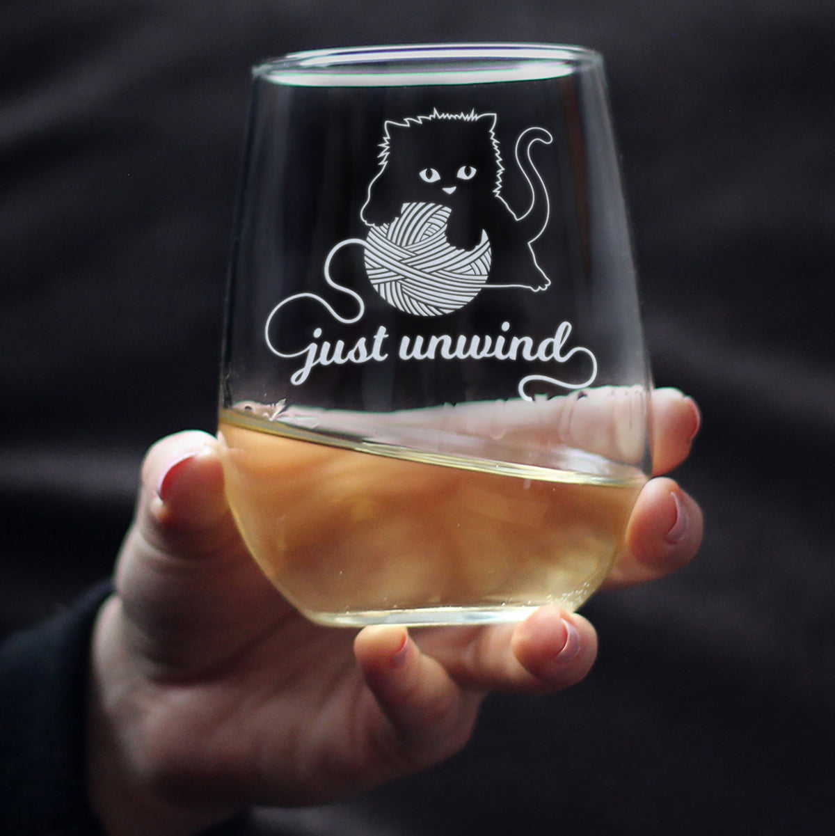 Just Unwind - Stemless Wine Glass - Funny Kitten Themed Gifts for Cat Lovers Who Knit and Crochet - Large 17 Oz Glasses