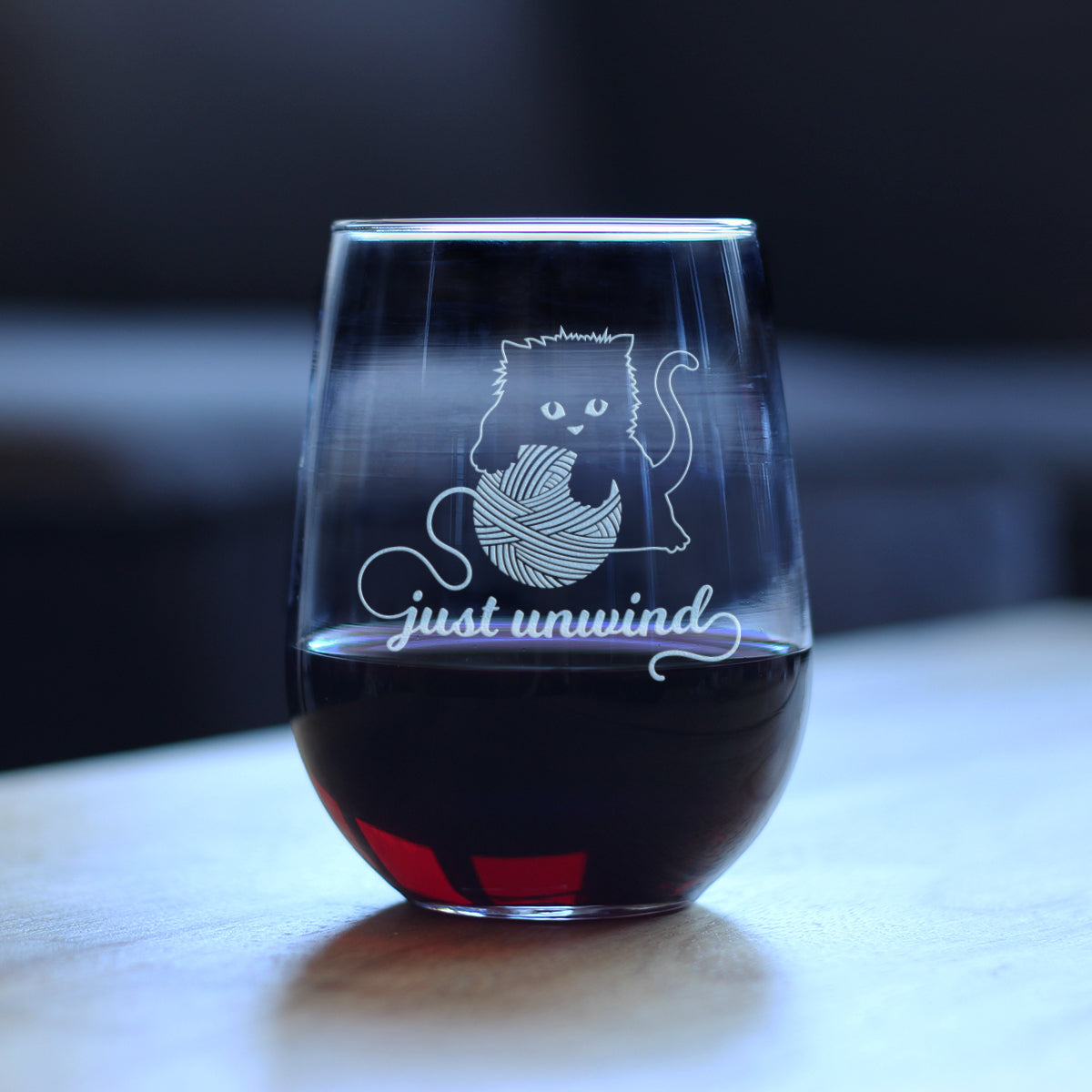 Just Unwind - Stemless Wine Glass - Funny Kitten Themed Gifts for Cat Lovers Who Knit and Crochet - Large 17 Oz Glasses