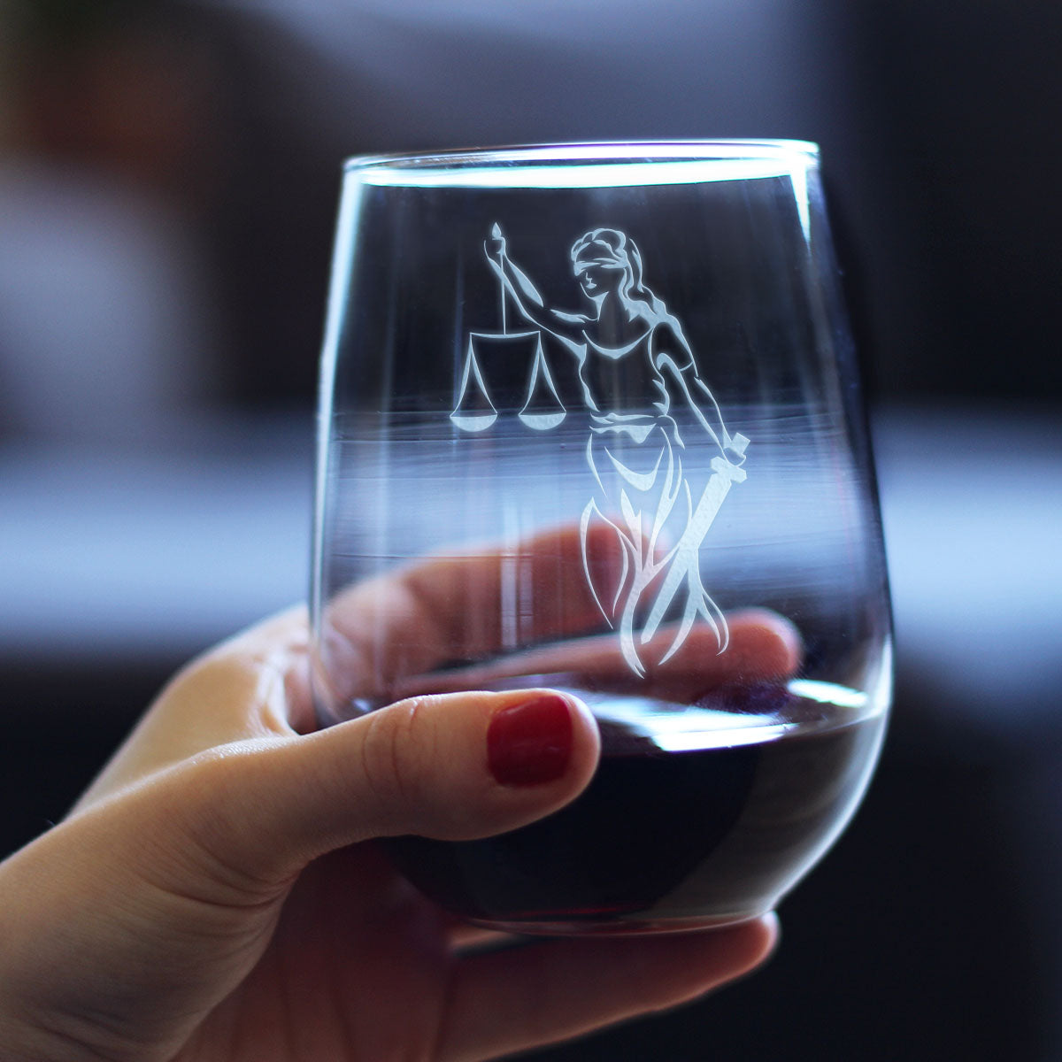 Lady Justice - Stemless Wine Glass - Lawyers and Attorneys Themed Gifts or Party Decor for Women and Men - Large 17 oz