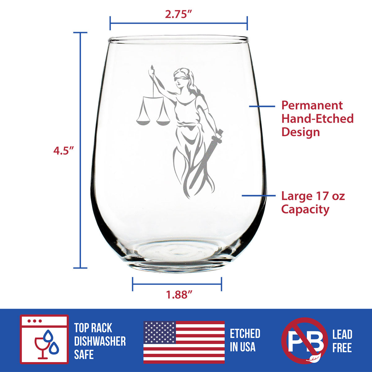 Lady Justice - Stemless Wine Glass - Lawyers and Attorneys Themed Gifts or Party Decor for Women and Men - Large 17 oz