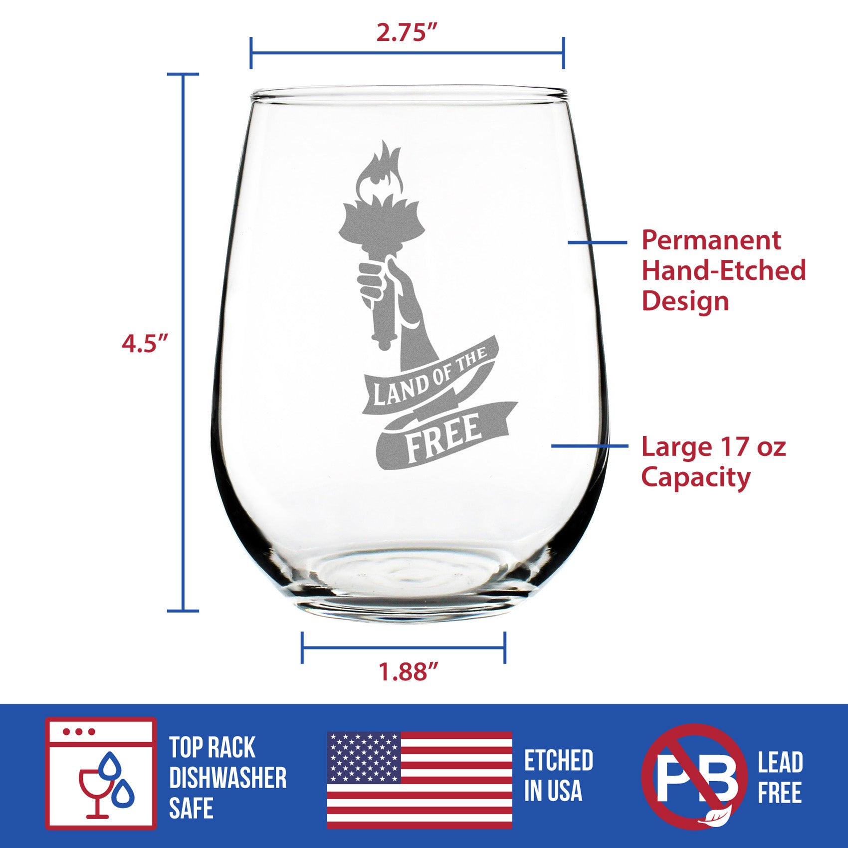 Land of the Free - 17 Ounce Stemless Wine Glass
