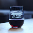 See You Later Litigator - Stemless Wine Glass - Funny Lawyer Gifts for Law School Graduates - Large 17 Oz Glass