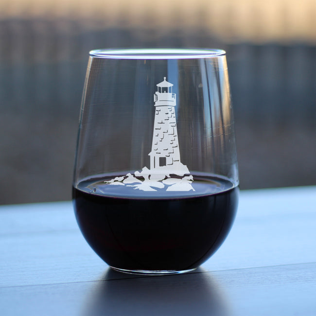 Lighthouse Stemless Wine Glass - Nautical Themed Decor and Gifts for Beach Lovers - Large 17 Oz Glasses