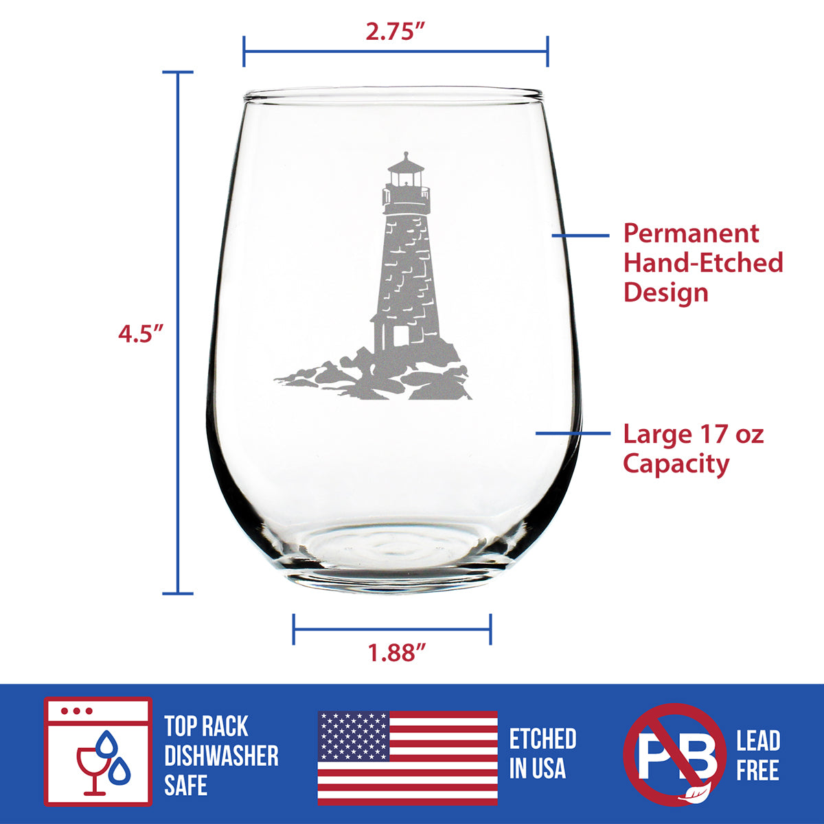 Lighthouse Stemless Wine Glass - Nautical Themed Decor and Gifts for Beach Lovers - Large 17 Oz Glasses
