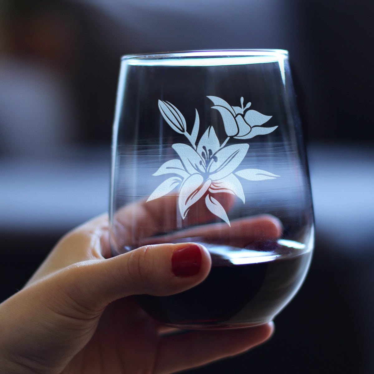 Lily Stemless Wine Glass - Floral Themed Decor and Gifts for Flower Lovers - Large 17 Oz Glasses
