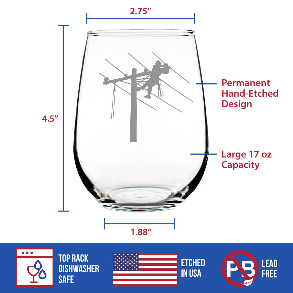 Lineworker Engraved Large Stemless Wine Glass, Unique Electrical Themed Gifts for Men and Women who are Lineworkers - 17 oz