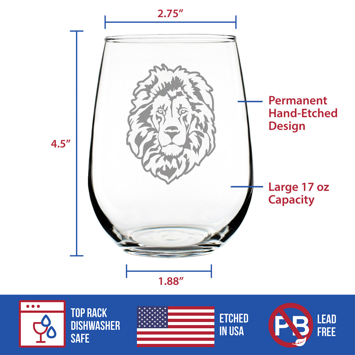 Lion Stemless Wine Glass - Fun Safari Themed Decor and Gifts for Lovers of African Wild Animals - Large 17 Oz Glasses