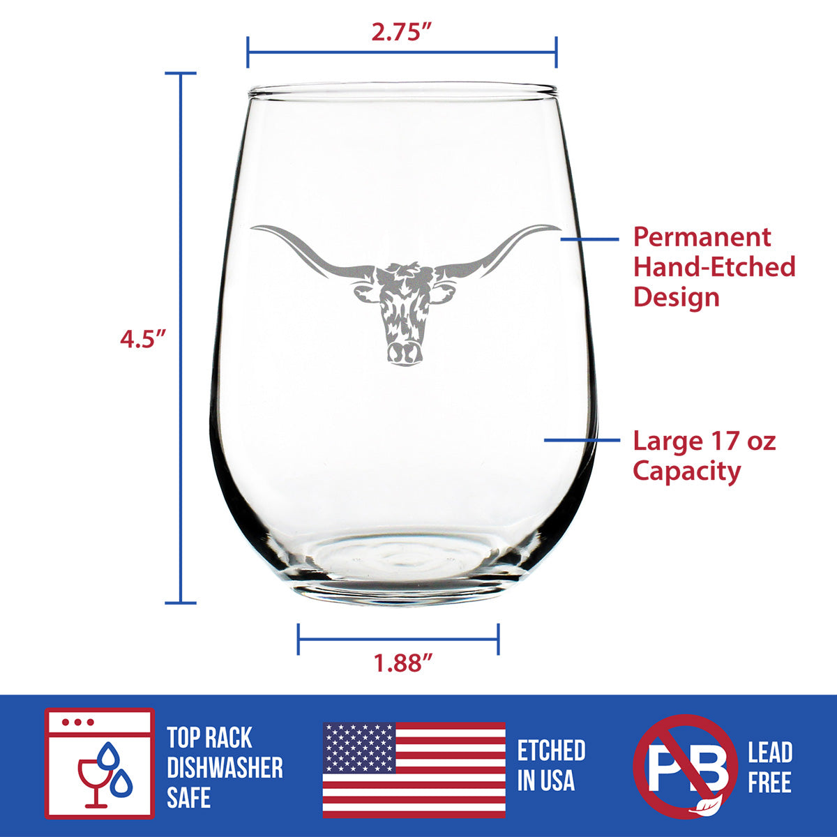 Longhorn Stemless Wine Glass - Western Themed Farm Decor and Gifts for Texan Ranchers - Large 17 Oz Glasses