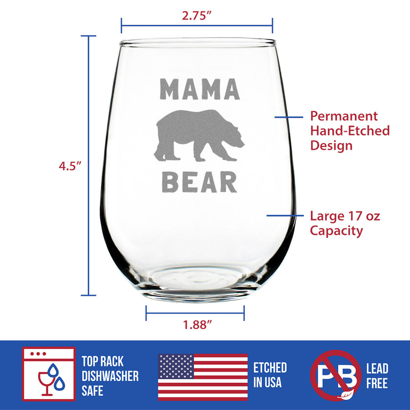 Mama Bear Stemless Wine Glass - Cute Funny Mom Gift Ideas for Mother's Day or Birthday - Large 17 Oz Glasses