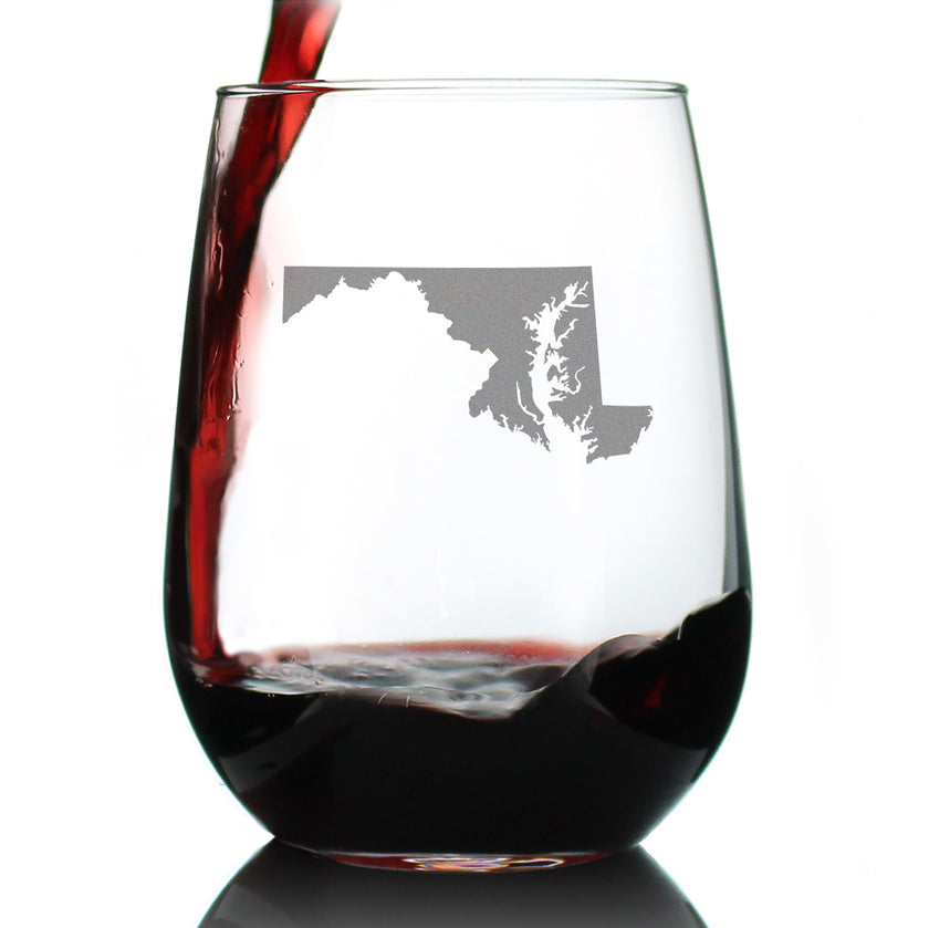 Maryland State Outline Stemless Wine Glass - State Themed Drinking Decor and Gifts for Marylander Women & Men - Large 17 Oz Glasses