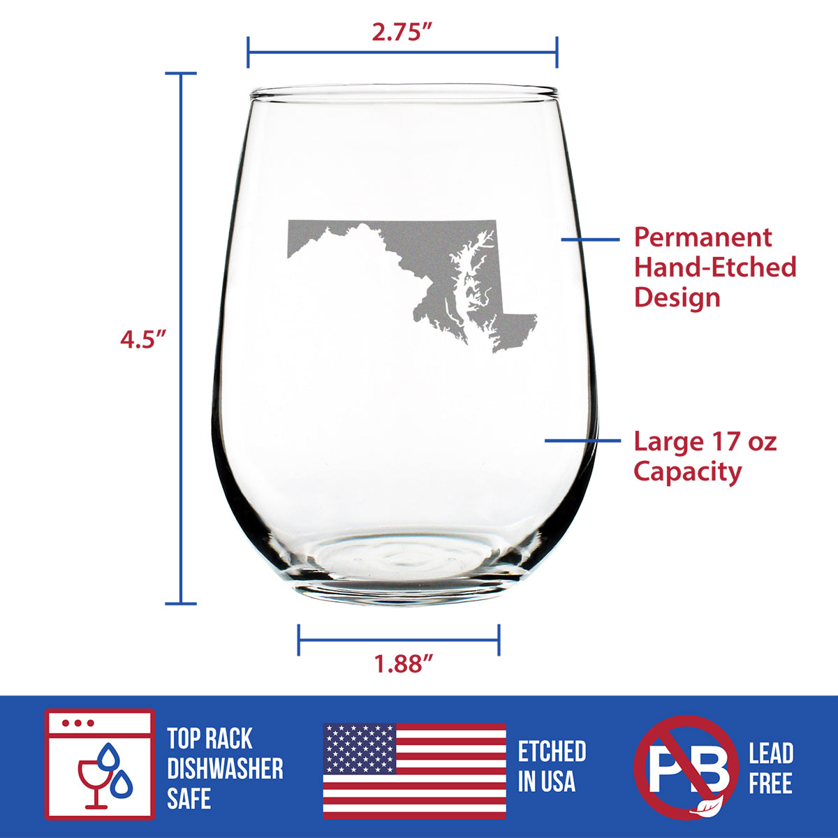 Maryland State Outline Stemless Wine Glass - State Themed Drinking Decor and Gifts for Marylander Women &amp; Men - Large 17 Oz Glasses