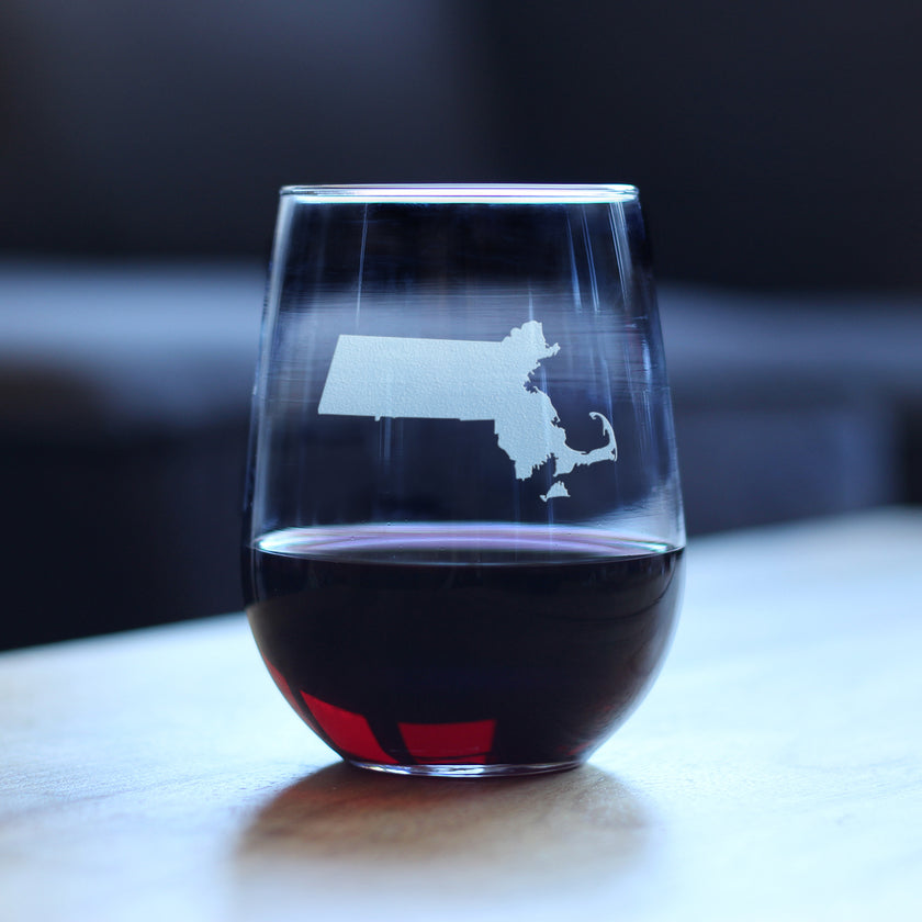 Massachusetts State Outline Stemless Wine Glass - State Themed Drinking Decor and Gifts for Bay Stater Women & Men - Large 17 Oz Glasses