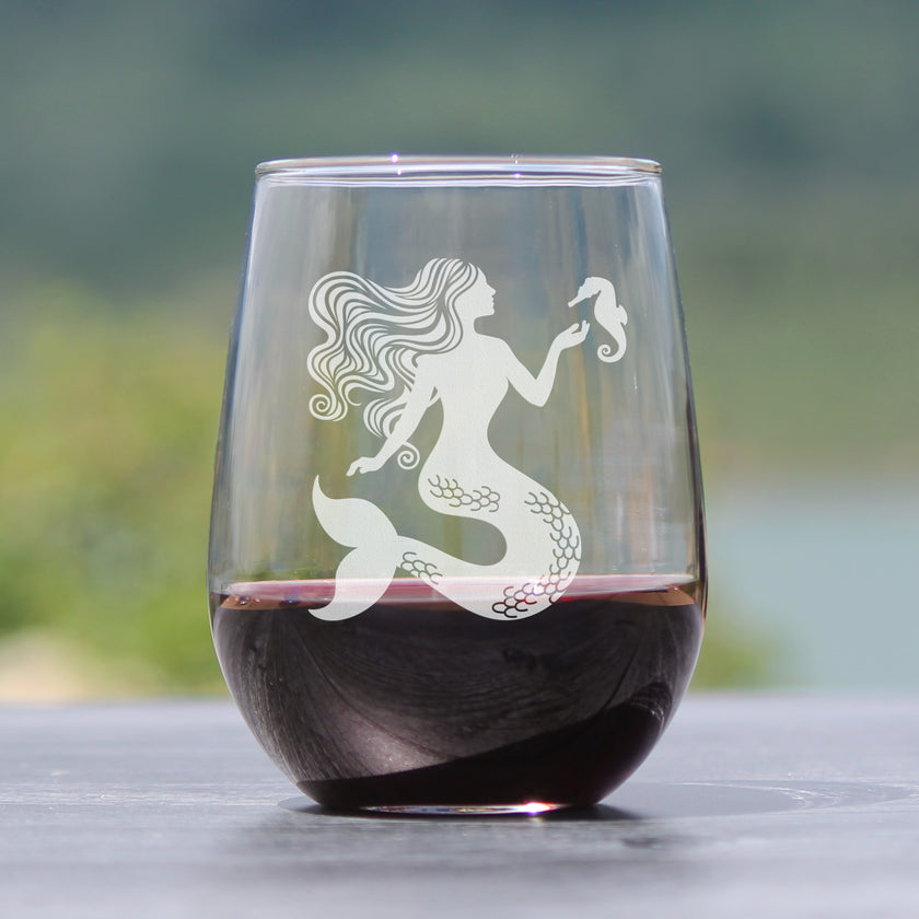 Mermaid Stemless Wine Glass - Fun Mermaids Themed Decor and Gifts for Beach Lovers - Large 17 Oz Glasses